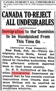 Canada to Reject All Undesirables, Globe, Feb. 19, 1920 p7a